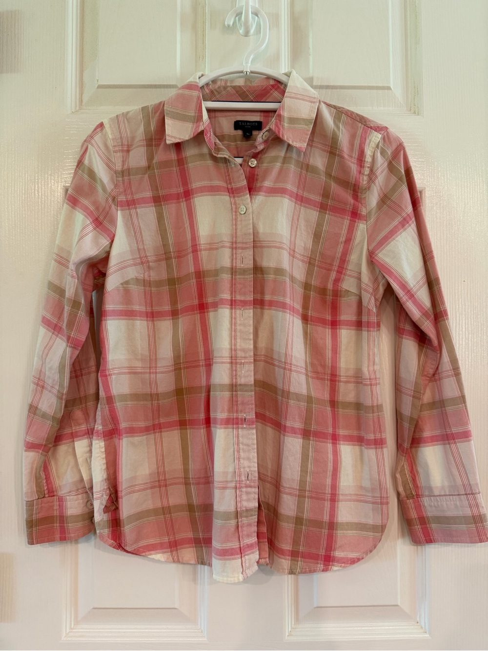 Talbots Pink & Cream Plaid Button-Down Shirt with Tan Accents